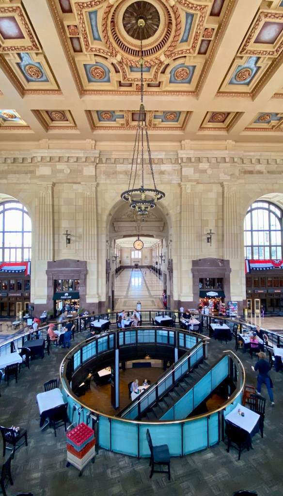 Photo of the interior of Union Station. In the lower part of the photo is Harvey's restaurant in Union Station's Grand Hall. In the centre you can see along the Grand Plaza and at the top is the station's impressive ceiling