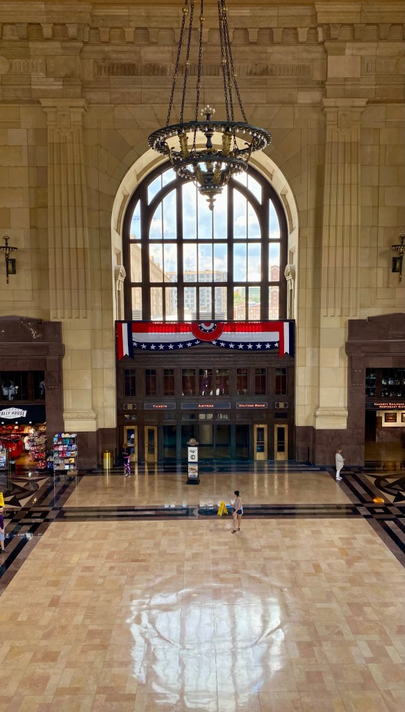 Looking towards the entrance to Amtrak trains, the ticket office and waiting room in Union Station