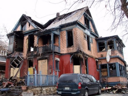 Photo of house on Warwick Boulevard that once belonged to the aunt and uncle of Ernest Hemingway. The house caught fire in 2008 and this photo must have been taken shortly afterwards. It was demolished that year 
